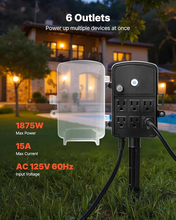 VEVOR Outdoor Power Stake, 15 FT Extension Cord, Outdoor Power Strip Weatherproof with Cover and Overload Protection, 6 Outlets, 15A/1875W, Waterproof Multi-Outlet Yard Stake for Christmas Lights