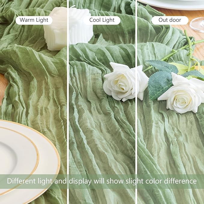 Asee'm Cheesecloth Table Runner 120 Inches Sage Green Boho Gauze Cheese Cloth Runner 10FT Rustic Sheer Table Runners for Valentine's Day Wedding Baby Shower Holiday Party Decoration