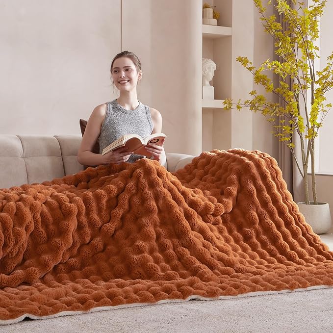 60x80 Inches Ultra-Soft Fuzzy Faux Fur Plush Twin Size Blanket - Thick, Warm Sherpa for Couch, Sofa, Bedroom, Camping - Decorative Blanket for Cozy Warmth, Bubble Dark Brown