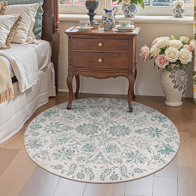 jinchan Torino Classic Floral Round Rug 5ft Vintage-Inspired Design 5’Circle Rug Machine Washable Ultra-Thin Low-Pile Non-Slip Indoor Carpet for Bedroom Dining Room Living Room Entryway