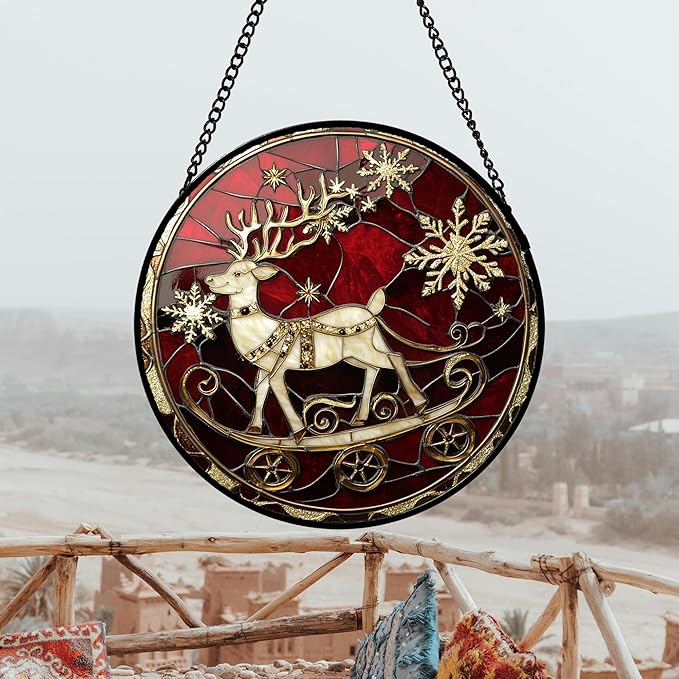 Stained Glass Window Hanging 4 Pcs Set Red Christmas Elk Snowflakes 6.3" - Deer Suncatcher Door Garden Sun Catcher Decor Birthday for Mom Woman Nana Men Friend