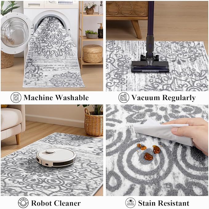 HEBE Washable Area Rug - 3'x6' Non Slip Soft Distressed Medallion Bedroom & Living Room Accent Throw Vintage Entry Floor Carpet for Dining Room & Bathroom Entryway