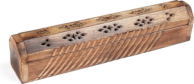 The Wooden Town Hand-Carved Coffin Incense Stick & Cone Burner Holder with Storage – Ash Catcher Stand, Burnt Finish – 12"x2.25"x2.75", Wooden Incense Holder for Sticks & Cones