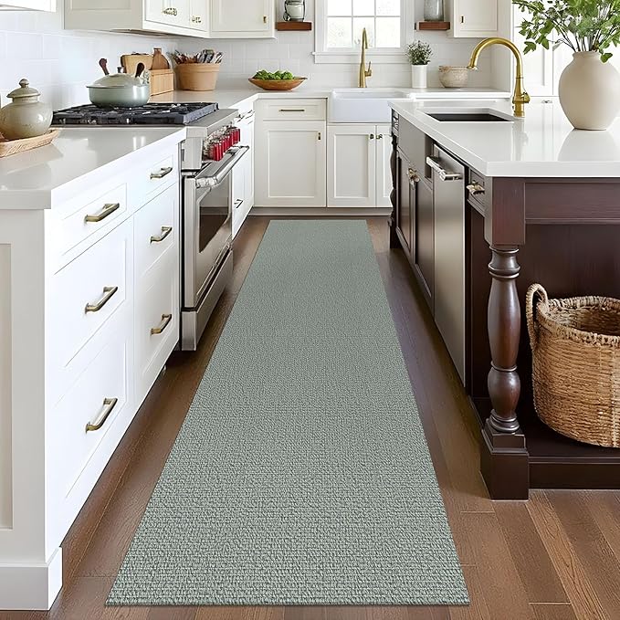 EARTHALL Washable Runner Rug 2x8 Ft Non Slip Runners for Hallways Cotton Rubber Backed Kitchen Runner Braided Indoor Floor Carpet Runners for Entryway, Hallway, Kitchen, Bedroom, Green/Grey