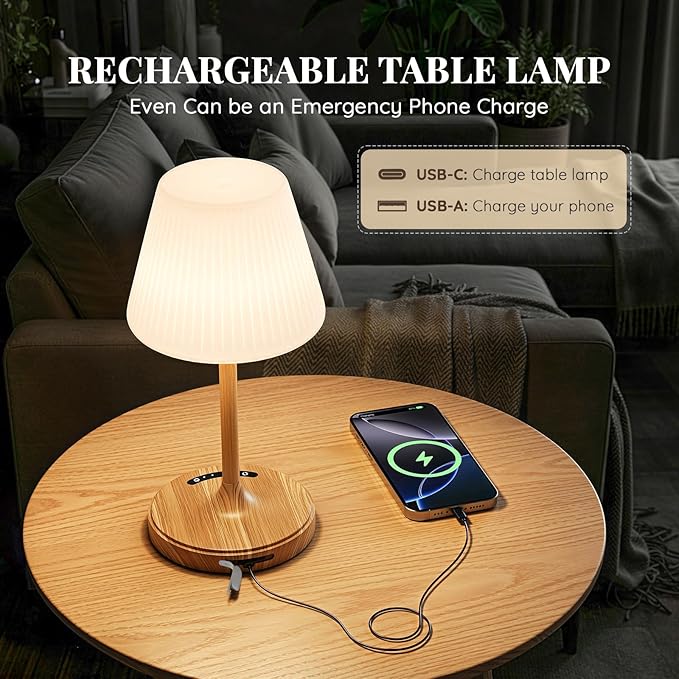 Cordless Table Lamp, Waterproof Shower Lamp, 4000mAh Rechargeable Table Lamps, 3-Color Dimmable Light, Battery Operated Lamp Desk Night Lamp for Bathroom Bedroom Patio Camping Restaurant (Wood Grain)
