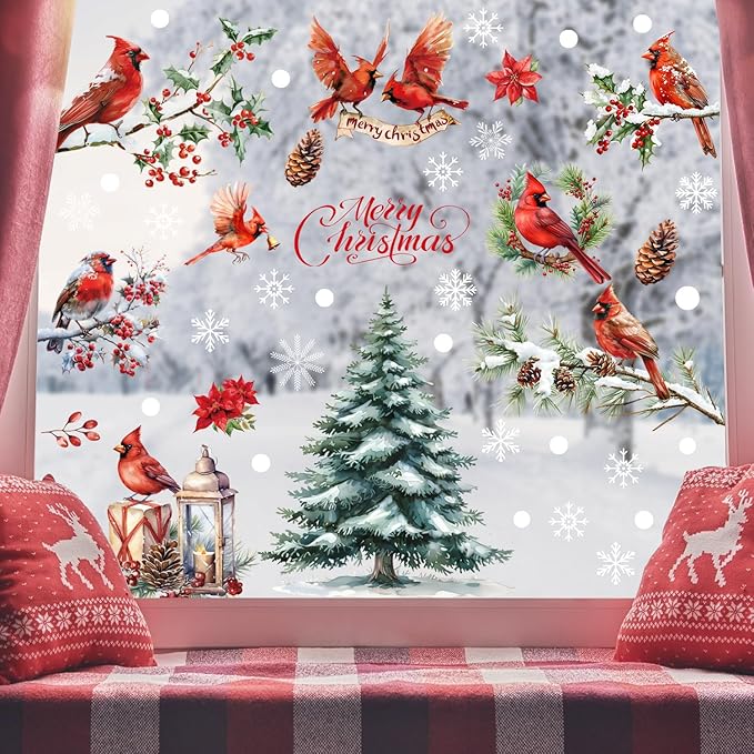 Christmas Winter Birds Window Clings 9 Sheets, Xmas Red Cardinal Pine Tree Static Window Stickers Decals Decorations for 2026 New Year Christmas Holiday Party Home Glass Windows Door Decor
