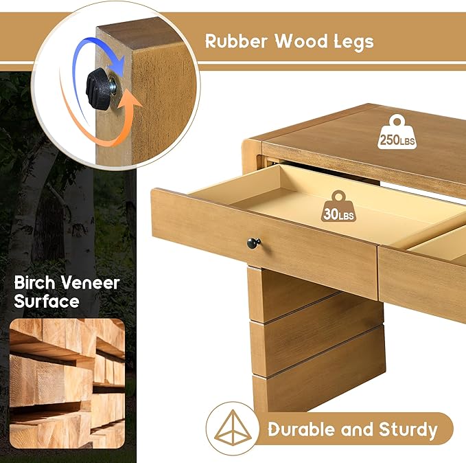 Unique Curved Console Table with 2 Top Drawers, Versatile 55'' Long Accent Entryway Table Sofa Table for Entrance, Hallway, Dinning Room, Living Room (Natural-2.25)