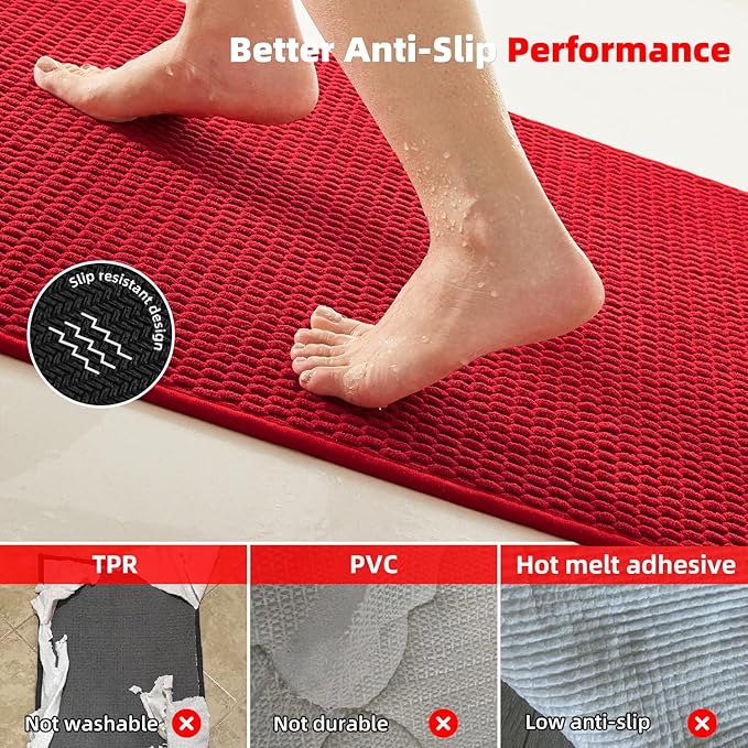 Christmas Bathroom Rugs Non Slip Washable, Super Absorbent Thin Bath Mat Quick Dry Low Pile Bathroom Rug, Red 24"x47"