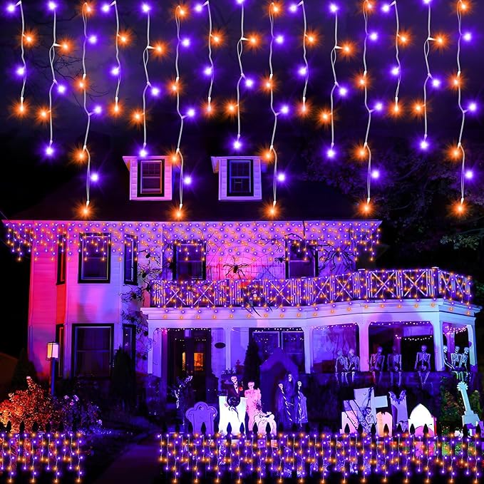 131FT 1280LED Halloween Lights Decoration，Orange Purple Led String Lights Outdoor with 240 Drops，8 Lighting Modes，Timer Memory Function for Halloween Night Party Fence Yard Roof Decor