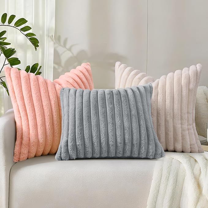 decorUhome Faux Fur Christmas Throw Pillow Covers 18x18 Set of 2, Decorative Soft Plush Striped Neutral Couch Euro Pillow Covers with Velvet Back for Sofa, Bed, Living Room Home Decor, Grey