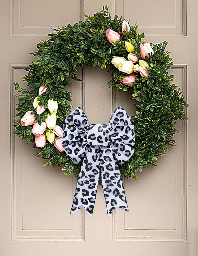 ALIBBON 2 Pcs Leopard Print Bows for Wreaths, Cheetah Black White Wreath Bows, Animal Print Ribbon Bow for Front Door, Farmhouse Decor Tree Topper Bow for Indoor Outdoor Home Holiday Decorations