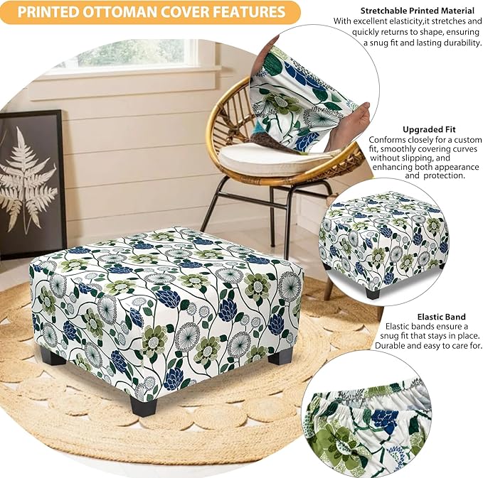 Ottoman Cover Square Slipcovers Printed,Stretch Footrest Stool Cover for Ottoman Square,Soft Foot Stool Cover Protector with Nonslip Elastic Bottom (Medium,Flower C)