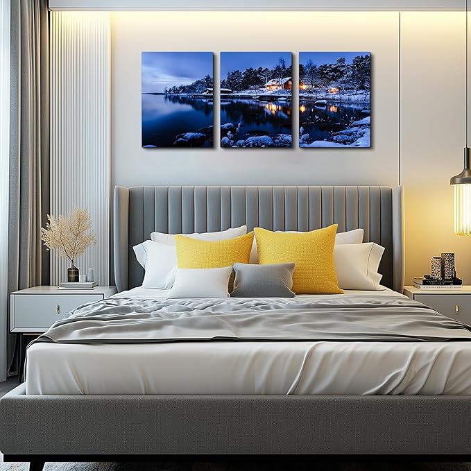 Snow in winter Wall Art for living room Canvas Prints Artwork bathroom Wall Decor Quiet blue lakes and villages painting 3 Pieces Framed bedroom wall decorations Office Home Decor