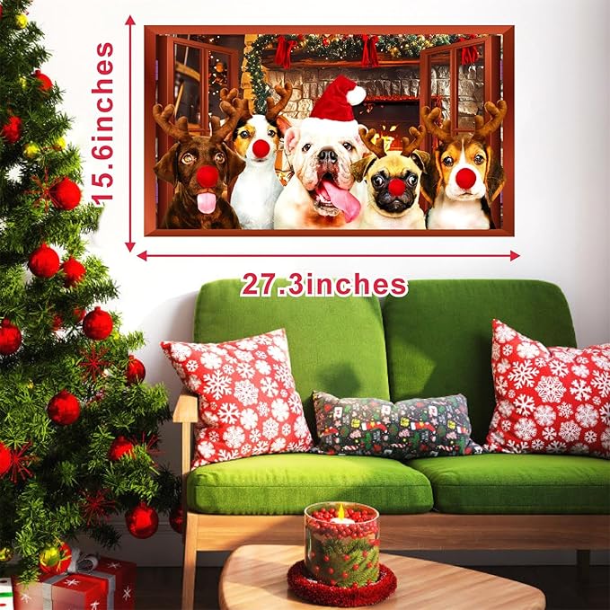Christmas Dog Wall Decor 3D Xmas Fake Window Wall Decals Mural Merry Christmas Puppy Dog Wall Stickers Winter Holiday Faux Window Decal Party Decorations Cute Funny Dogs Decals Party Supplies