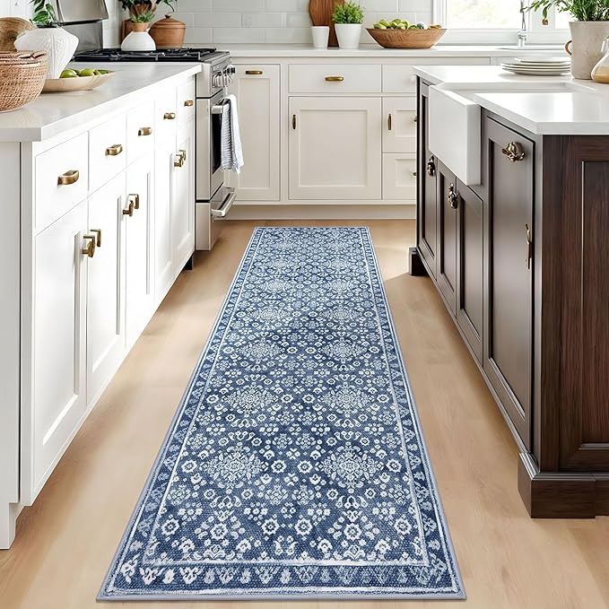 Vintage 2.6x8 Hallway Runner, Denim Blue White Washable Non-Slip Hallway Carpet, Super Soft Kitchen Runner Rug, Print Faux Wool Floral Thin Carpet for Indoor & Bedside