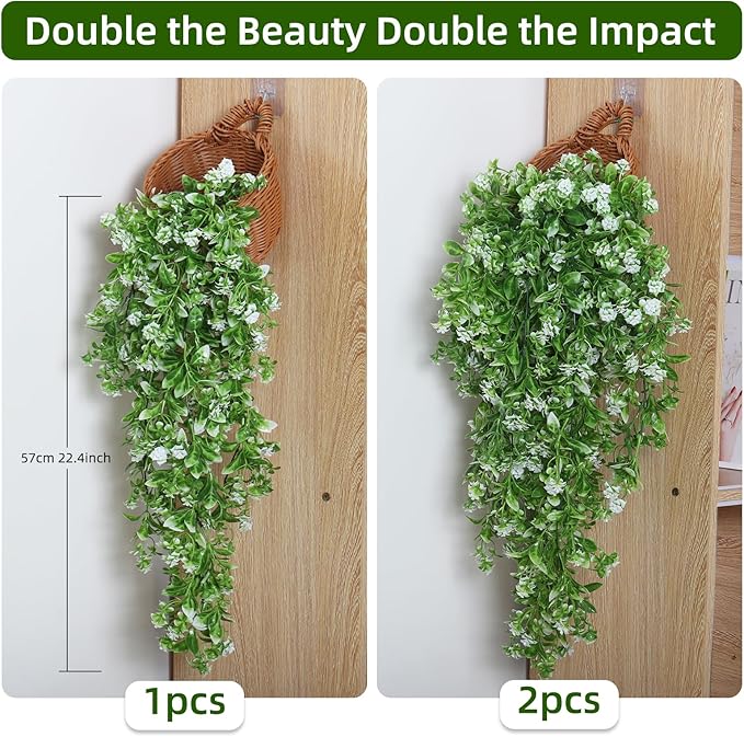 RECUTMS 2Pcs Fake Hanging Plants Artificial Hanging Flowers for Outdoor Decoration Faux White Flowers Artificial UV Resistant Plastic Greenery Vines Ivy for Outdoor Indoor Garden Party Decor（White）
