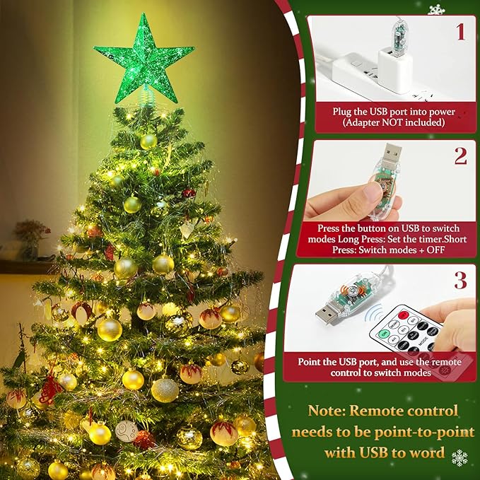 Green Christmas Tree Star Topper with Lights, 8.5-Inch Light-Up Christmas Tree Topper with Remote Control, 4 Brightness Levels & 8 Light Modes, Faux Mercury Glitter Design with 20 Lights
