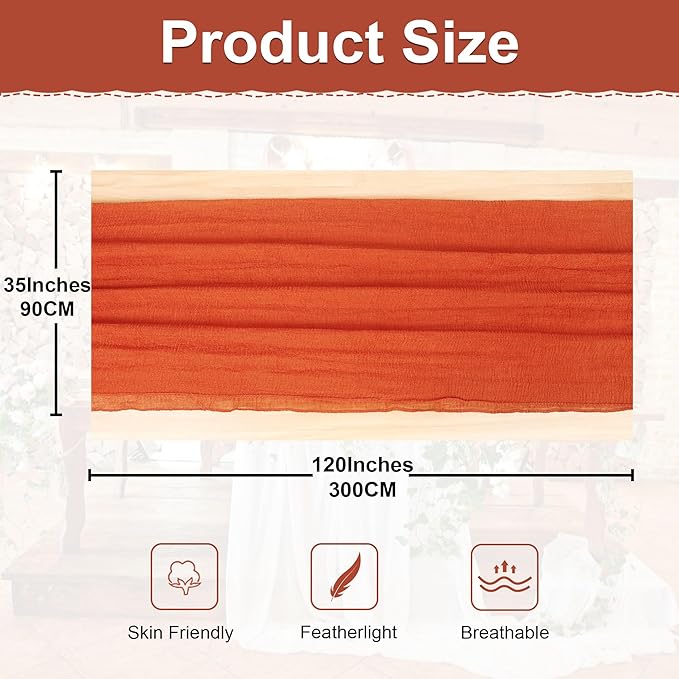 JOYIT 2 Pack Cheesecloth Table Runner 35" x 120" – Boho Table Runner Set for Wedding, Birthday, and Party Decor, Romantic Gauze Table Runner for Rustic and Elegant Tablescapes (Terracotta)