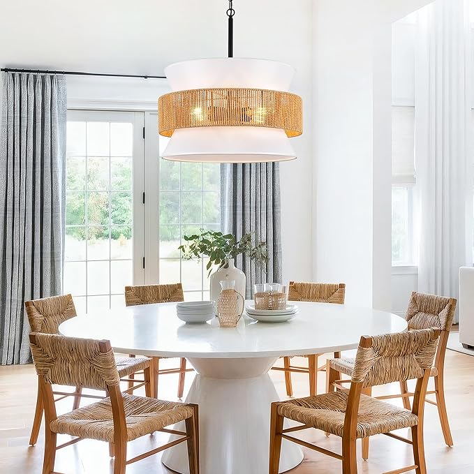 4 Lights Rattan Drum Chandelier - 20" Adjustable Boho Pendant Light with White Fabric Shade, Modern Wicker Chandeliers for Dining Room, Living Room, Kitchen, Bedroom