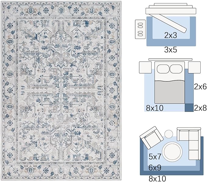 jinchan Lima Kitchen Runner Rug 3x7 - Vintage Floral Machine Washable Non-Slip Hallway Runner Rug with Rubber Backing Ultra-Thin Carpet for Bedroom Laundry Room Farmhouse (3x7ft, Blue)