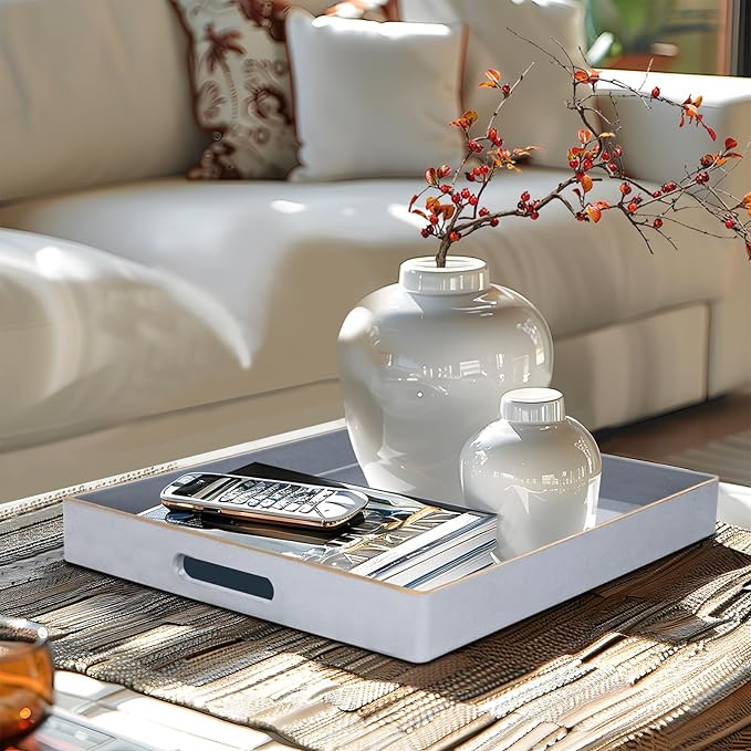 MAONAME Decorative Tray, Gray Serving Tray with Handles, Coffee Table Trays, Square Plastic Trays for Ottoman, Bathroom, Kitchen, 13"x13"x1.57"