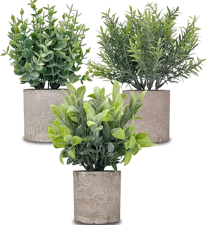 3 Pack Artificial Potted Fake Plants Eucalyptus 9” Artificial Mini Paper Pulp Potted Plants for Shelf Desk Home Bathroom Table Window Decor, Sage Green