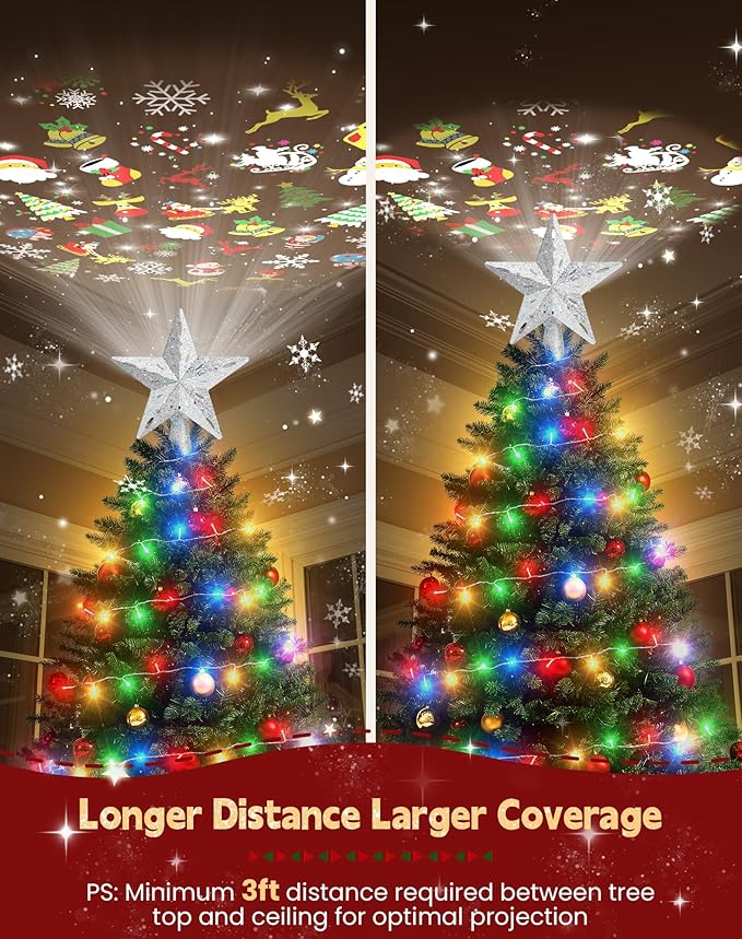 Christmas Tree Topper with 32.8FT Color Light Cord and 6 Projection Modes, Christmas Star Tree Topper Built-in LED Rotating Projector Lights, 3D Glitter Christmas Tree Decorations (Silver)