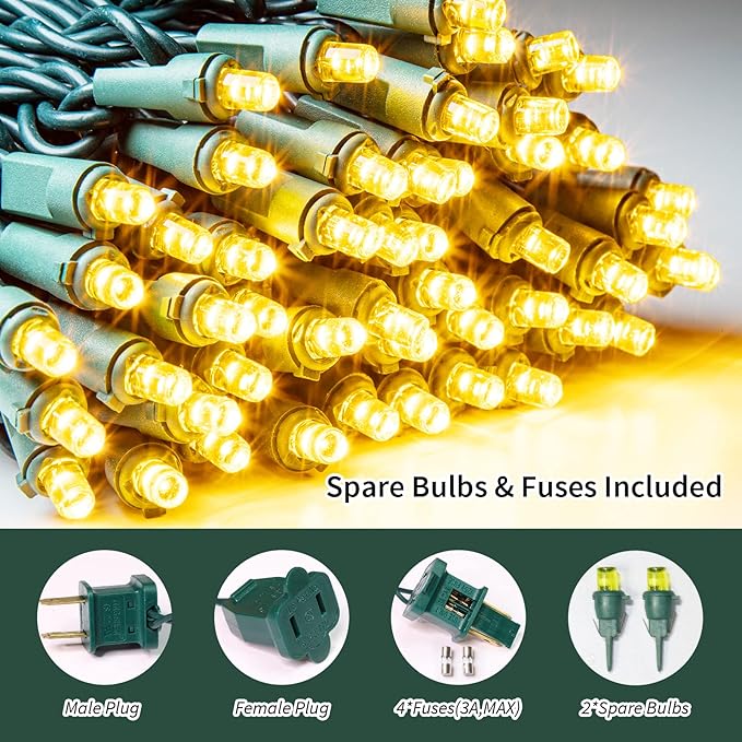 LAMPHOME Yellow Wide Angle LED String Lights, 64.8 Ft 300 Count, Pack of 3 Strands 21.9 Ft 100 Lights UL Certified Commercial Grade Green Wire 5mm Holiday String Light