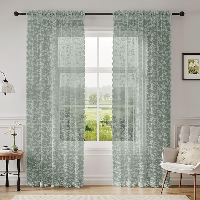 Sage Green Lace Semi-Sheer Curtains – Vintage Leaf Pattern Lace for Bedroom/Bathroom, Light Filtering Rod Pocket Drapes, Privacy Chic Window Treatments, 52W x 72L Inch, 2-Panel Set