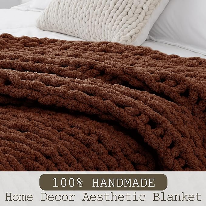 Chunky Knit Throw Blanket 60"X 80", 100% Handmade with Soft Chenille Yarn, 6.7lbs Thick Cable Knitted Blankets, Large Rope Knot Crochet Throws for Couch Sofa Bed Home Decor, Dark Brown