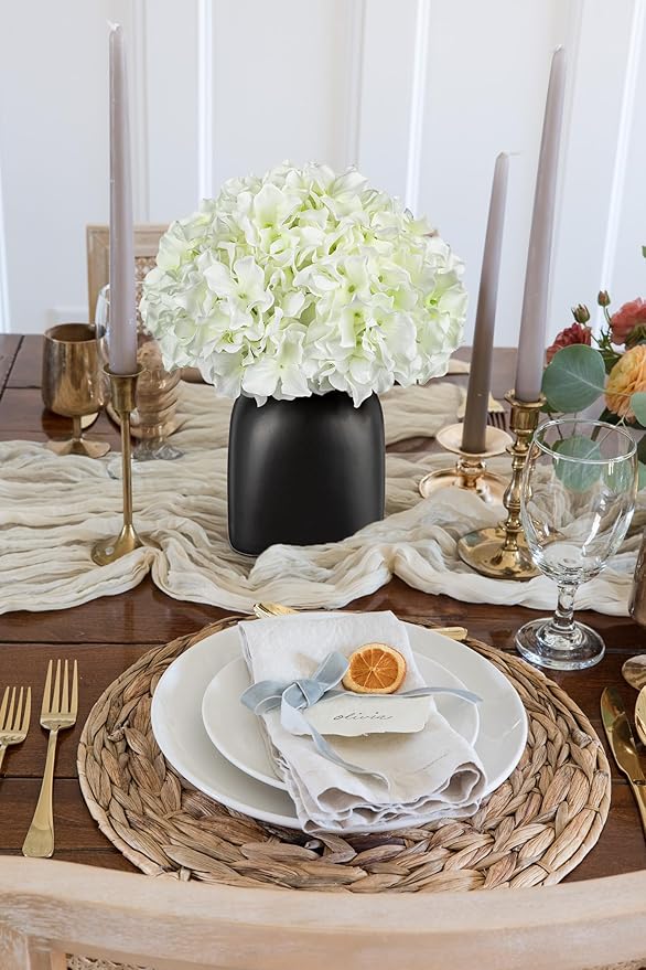 Briful Hydrangea Artificial Flowers White Silk Hydrangea Flowers in Deep Black Ceramic Vase Spring Flowers Arrangments Potted Fake Flowers for Home Decor Indoor Farmhouse Table Wedding Centrepiece