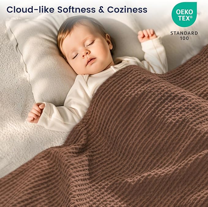 PHF Pre-Washed Cotton Waffle Weave Blanket Throw Size for Couch Bed,Snag Proof Spring Summer Lightweight Breathable,Oeko-TEX Certified,Machine Washable, Home Decor Gift，Cappuccino