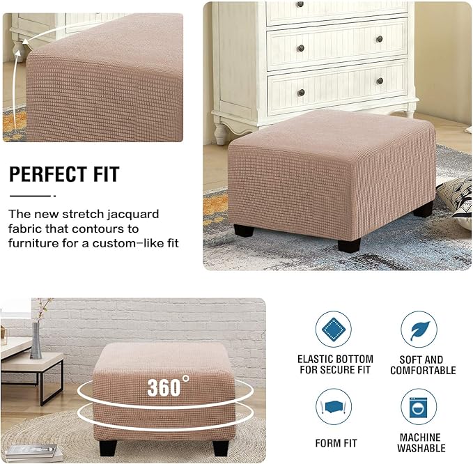 H.VERSAILTEX Square Ottoman Covers Ottoman Slipcovers Folding Storage Stool Furniture Protector Form Fit with Elastic Bottom, Stretch High Spandex Small Checks Jacquard Fabric(Medium,Sand)