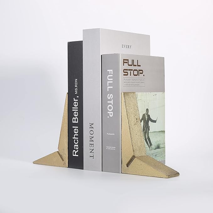 Cast Iron Geometric Decorative Bookends, Sharp Triangle Theme, Heavy Duty, Set of 2 Gold