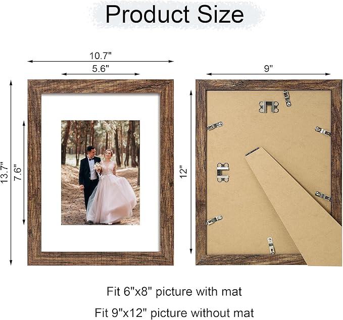 iRahmen 9x12 Picture Frame Set of 4 with Tempered Glass, Wooden Rustic Frame Display 6x8 Pictures with Mat or 9 x 12 Without Mat, Photo Frame for Wall Mount and Tabletop Display