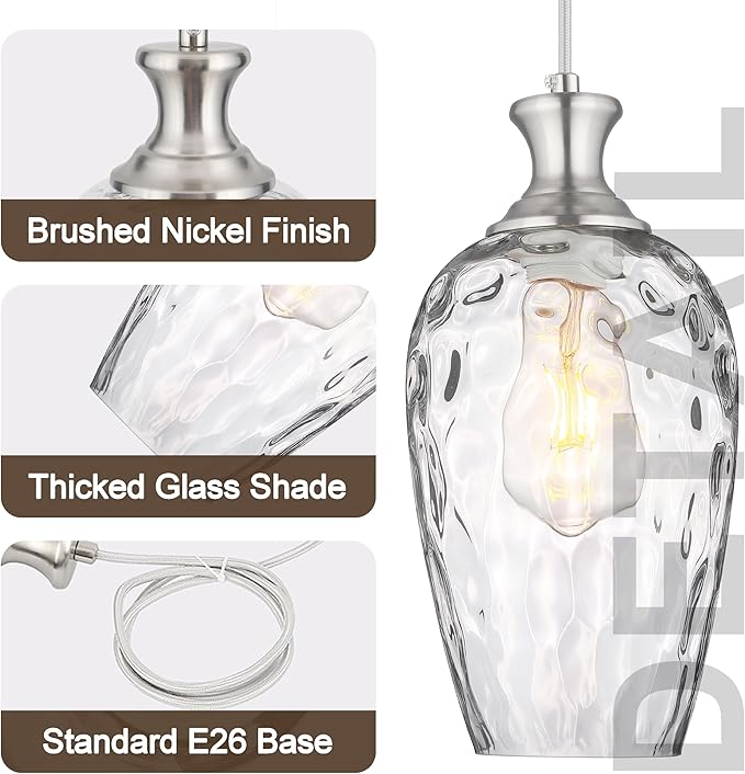 3-Light Pendant Lighting, Modern Brushed Nickel Dining Room Chandelier Light Fixture Over Table with Hammered Glass, Brass Cluster Hanging Lights for Kitchen Island Dining Room Bedroom, E26