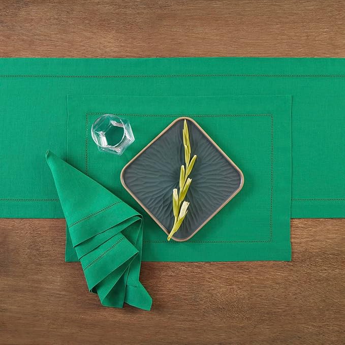 Solino Home Linen Table Runner 90 Inches Long - 100% Pure Linen Emerald Green Table Runner 14 x 90 Inch for St Patricks Day - Classic Hemstitch