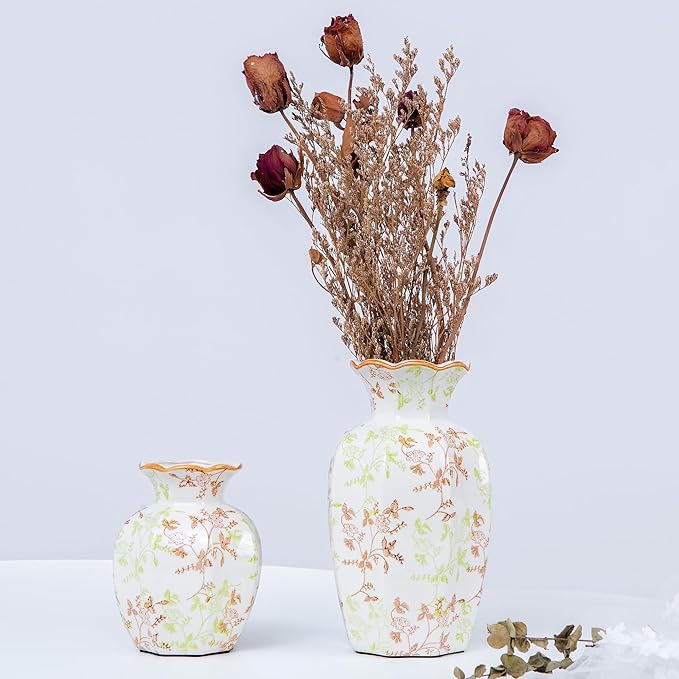 Handmade Chinoiserie Ceramic Vase, Vintage Style Florals in Green Brown & Red with Wavy Orange Rim, Colorful Mantel Accent, Gift Idea (Small, Lvmazhi)