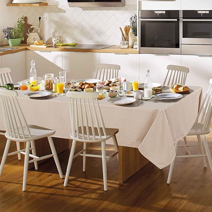 Fitable Faux Linen Beige Tablecloth Rectangle 60 x 84 Inch - Fabric Neutral Table Cloth for 6 Foot Tables, Faux Burlap Kitchen Table Cover for Dining, Party, Farmhouse, Outdoor Picnic, Camping