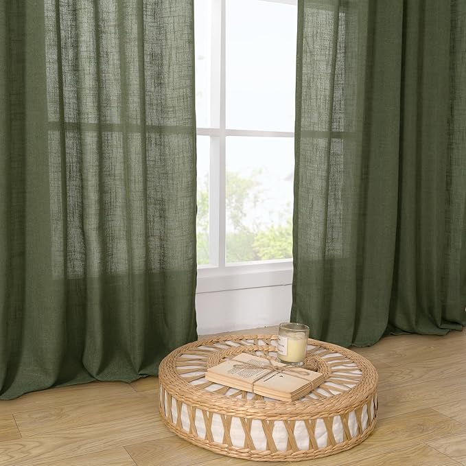 LAMIT 45 Inch Short Window Linen Curtains, Light Filtering Panels Back Tab and Rod Pocket Christmas Decor Drapes for Cafe/Bathroom/Loft Room, Olive Green, 2 Panels, 34 x 45 Inch