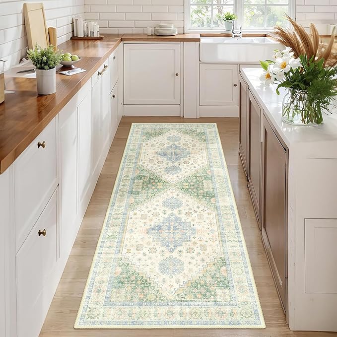 MUJOO Washable Runner Rug,2x6 Runners for Kitchen Bathroom Hallway Bedroom Entryway Laundry,Non Slip Long Mat Indoor,Boho Throw Carpet Low Pile Light Green and Blue