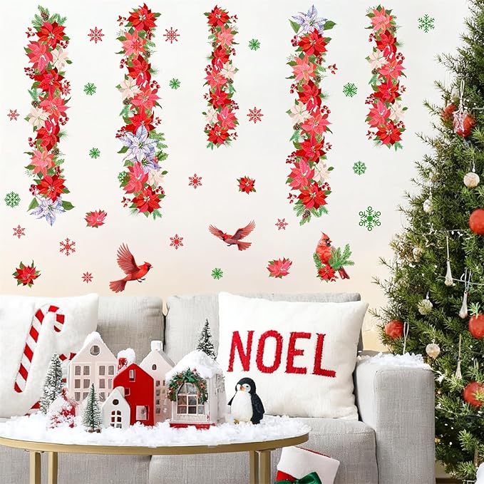 Christmas Wall Sticker Christmas Wall Decals Peel and Stick Double Sided Xmas Window Decal Indoor Art Murals Hanging Floral Cardinal Snowflakes Sticker for Door Holiday Home New Year Party Supplies
