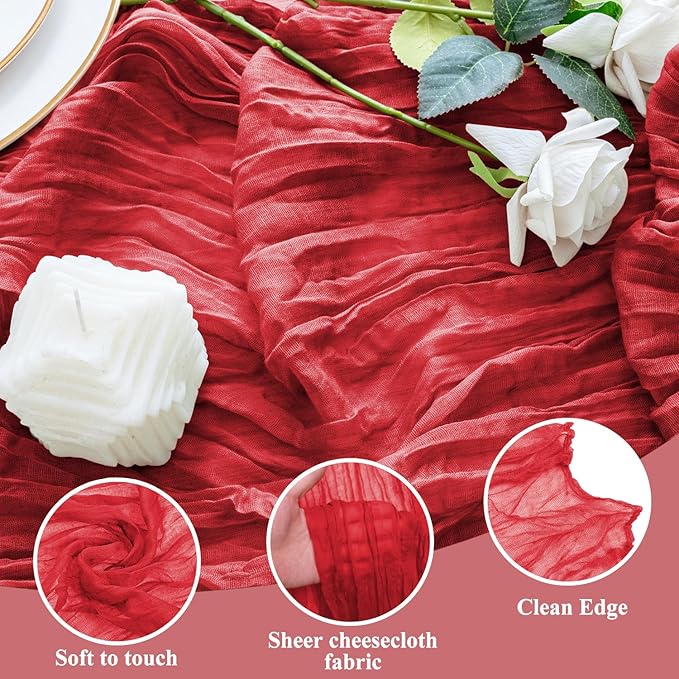 4PCS Table Runner Cheesecloth 10FT Red Boho Gauze Cheese Cloth Rustic Sheer Table Runners for Wedding Birthday Bridal Baby Shower Party Decoration