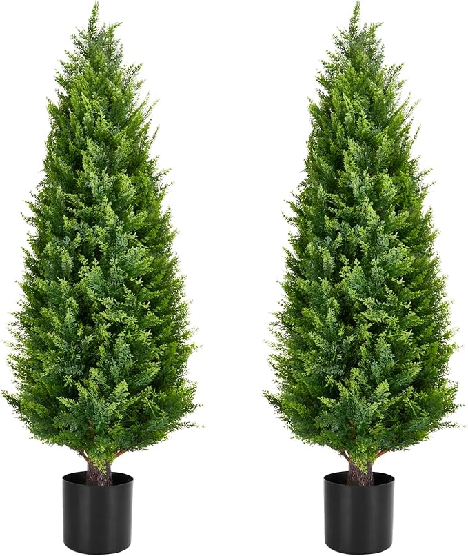 Artificial Topiary Tree 2-Set - 4 Feet Tall UV Protected Faux Cedar Pines - Outdoor & Indoor Decor - Heavy Duty Pots - Realistic Fake Tree - Artificial Plants Outdoor