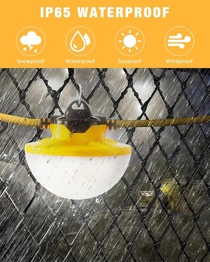 100FT Construction String Light 130W 16000Lm, 5000K Industrial Grade LED String Work lights, IP65 Waterproof Temporary Lighting for Construction Sites, Renovation, Mine Cave, Job Site, Walkways