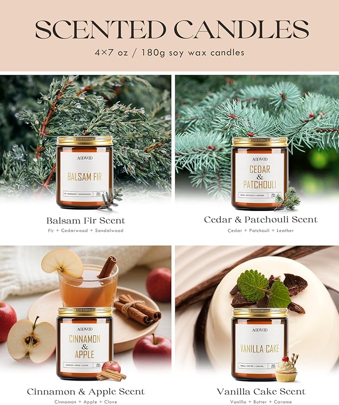 AOOVOO Christmas Candle Set - 4PC Scented Candles, 28 oz Soy Candles, Soy Candle for Home Scented, Balsam Fir/Cedar&Patchouli/Cinnamon&Apple/Vanilla Cake
