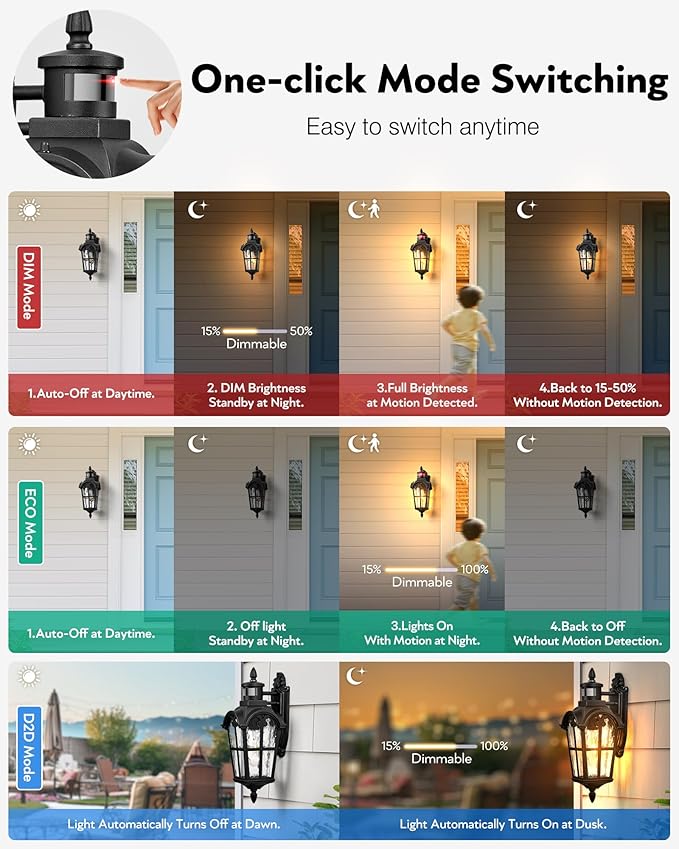 VIANIS 2 Pack Motion Sensor Light Outdoor, Black Dusk to Dawn Outdoor Sconce Lights, Anti-Rust Waterproof Outside Light Fixtures Wall Mount, Exterior Lighting Fixture for House Porch Garage Entryway