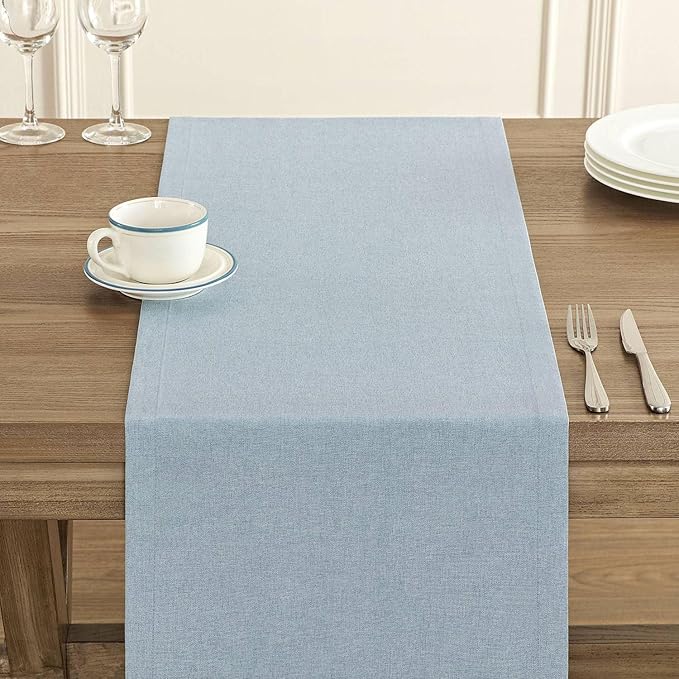 ZeeMart Basic Linen Style Table Runner, 14 x 108 Inch Blue Chambray, Rustic Farmhouse Light Dusty Blue Table Runners 108 Inches Long, Everyday Polyester Table Runner - Machine Washable & Easy Care