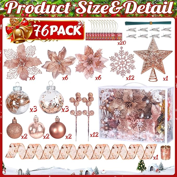 76PCS Christmas Tree Decorations Set, Rose Gold Christmas Ornaments Decoration Artificial Poinsettia Flowers with Star Tree Topper Berries Mesh Ribbons Snowflakes for Holiday Xmas Tree Decor