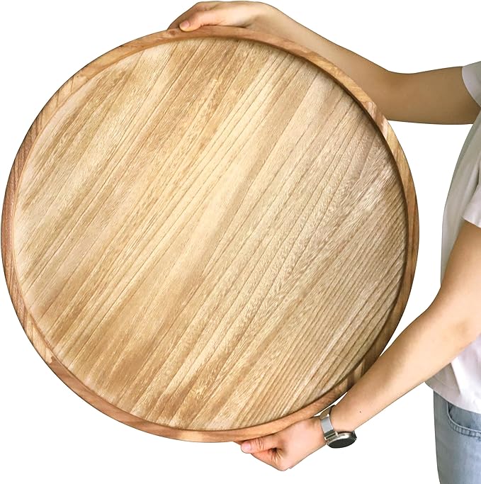 Round Wood Ottoman Serving Tray 24" - Rustic Wooden Table Tray for Farmhouse Decorative Oversized Coffee Table Trays Living Room Kitchen Counter Breakfast Nature